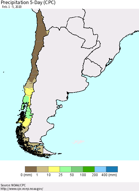 Chile Precipitation 5-Day (CPC) Thematic Map For 2/1/2020 - 2/5/2020