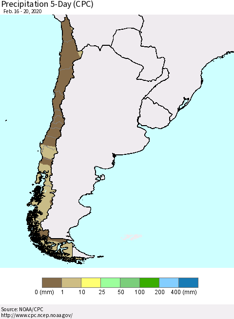 Chile Precipitation 5-Day (CPC) Thematic Map For 2/16/2020 - 2/20/2020