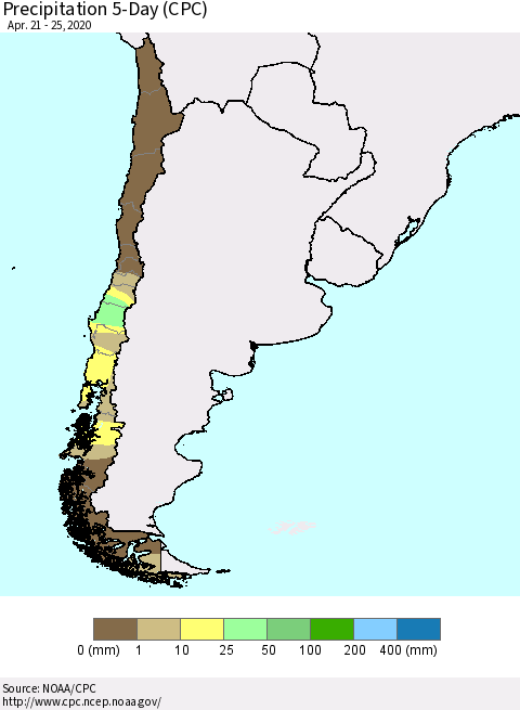 Chile Precipitation 5-Day (CPC) Thematic Map For 4/21/2020 - 4/25/2020