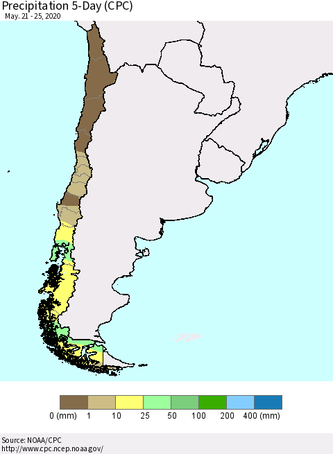 Chile Precipitation 5-Day (CPC) Thematic Map For 5/21/2020 - 5/25/2020