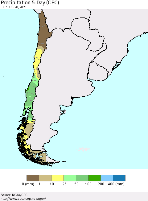Chile Precipitation 5-Day (CPC) Thematic Map For 6/16/2020 - 6/20/2020