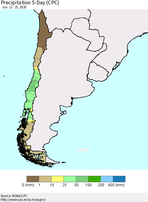 Chile Precipitation 5-Day (CPC) Thematic Map For 6/21/2020 - 6/25/2020