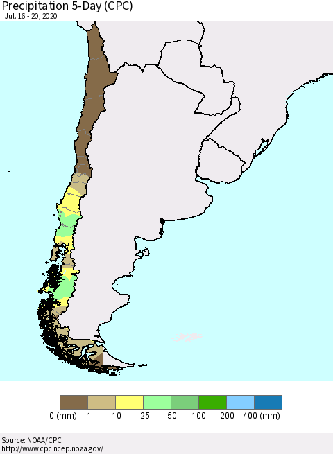 Chile Precipitation 5-Day (CPC) Thematic Map For 7/16/2020 - 7/20/2020