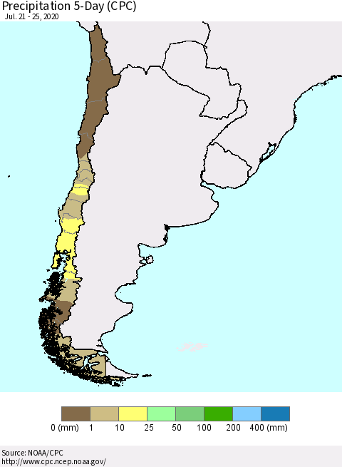 Chile Precipitation 5-Day (CPC) Thematic Map For 7/21/2020 - 7/25/2020