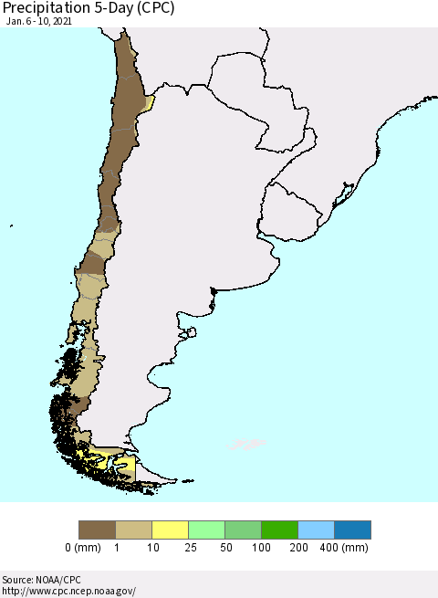 Chile Precipitation 5-Day (CPC) Thematic Map For 1/6/2021 - 1/10/2021