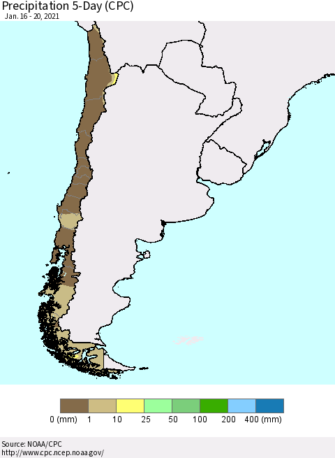 Chile Precipitation 5-Day (CPC) Thematic Map For 1/16/2021 - 1/20/2021