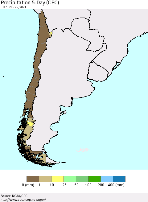 Chile Precipitation 5-Day (CPC) Thematic Map For 1/21/2021 - 1/25/2021