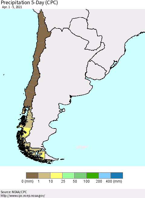 Chile Precipitation 5-Day (CPC) Thematic Map For 4/1/2021 - 4/5/2021