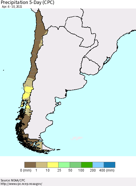Chile Precipitation 5-Day (CPC) Thematic Map For 4/6/2021 - 4/10/2021