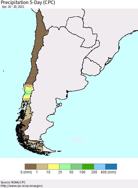 Chile Precipitation 5-Day (CPC) Thematic Map For 4/16/2021 - 4/20/2021