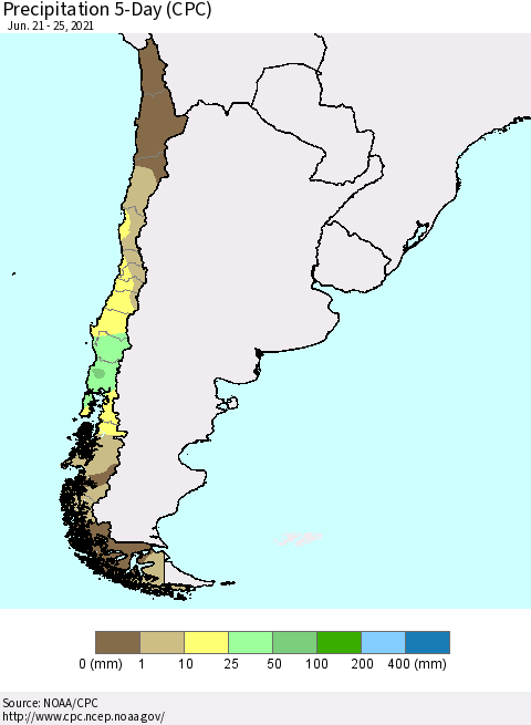 Chile Precipitation 5-Day (CPC) Thematic Map For 6/21/2021 - 6/25/2021