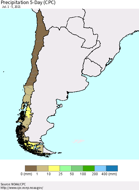 Chile Precipitation 5-Day (CPC) Thematic Map For 7/1/2021 - 7/5/2021