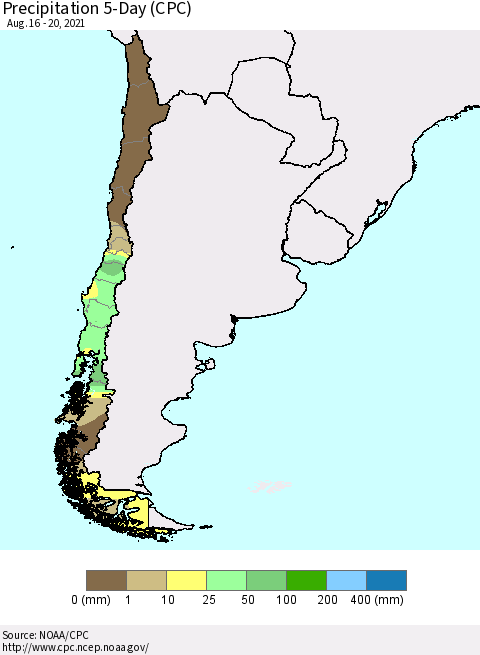 Chile Precipitation 5-Day (CPC) Thematic Map For 8/16/2021 - 8/20/2021