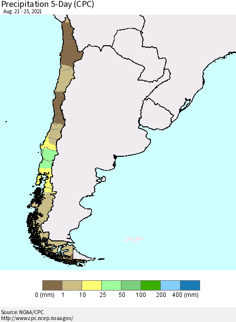 Chile Precipitation 5-Day (CPC) Thematic Map For 8/21/2021 - 8/25/2021