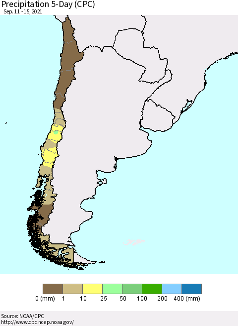 Chile Precipitation 5-Day (CPC) Thematic Map For 9/11/2021 - 9/15/2021