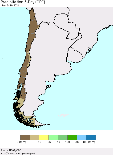 Chile Precipitation 5-Day (CPC) Thematic Map For 1/6/2022 - 1/10/2022