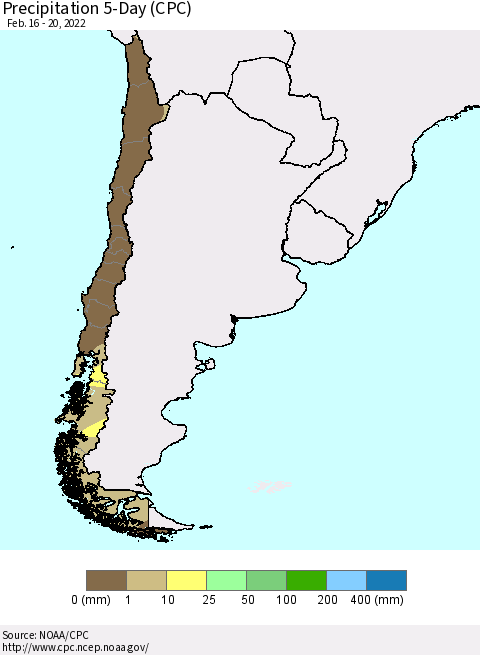 Chile Precipitation 5-Day (CPC) Thematic Map For 2/16/2022 - 2/20/2022