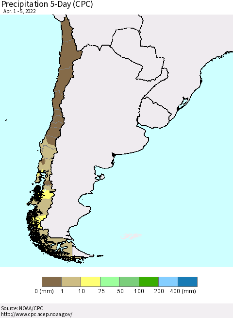 Chile Precipitation 5-Day (CPC) Thematic Map For 4/1/2022 - 4/5/2022