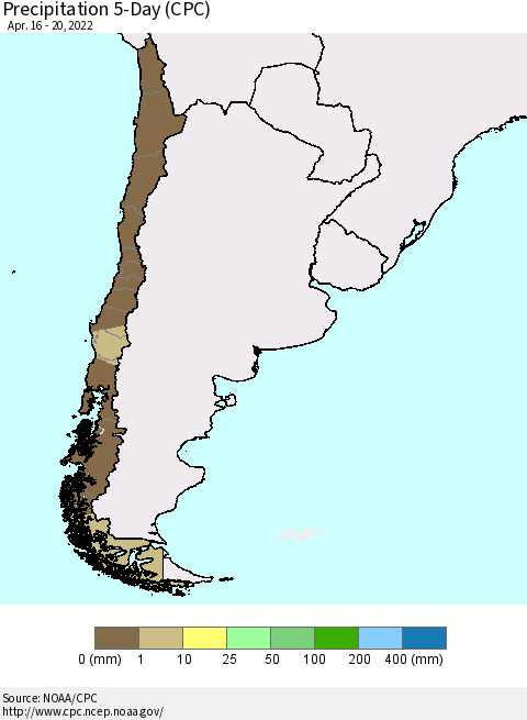 Chile Precipitation 5-Day (CPC) Thematic Map For 4/16/2022 - 4/20/2022