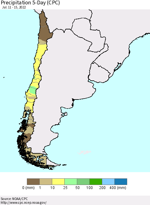 Chile Precipitation 5-Day (CPC) Thematic Map For 7/11/2022 - 7/15/2022