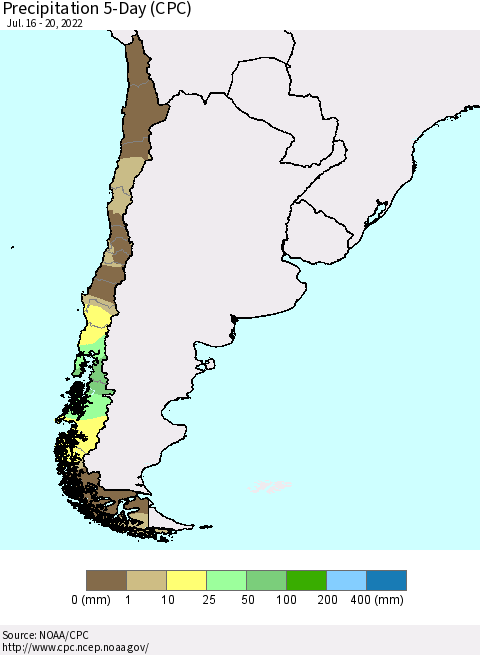 Chile Precipitation 5-Day (CPC) Thematic Map For 7/16/2022 - 7/20/2022
