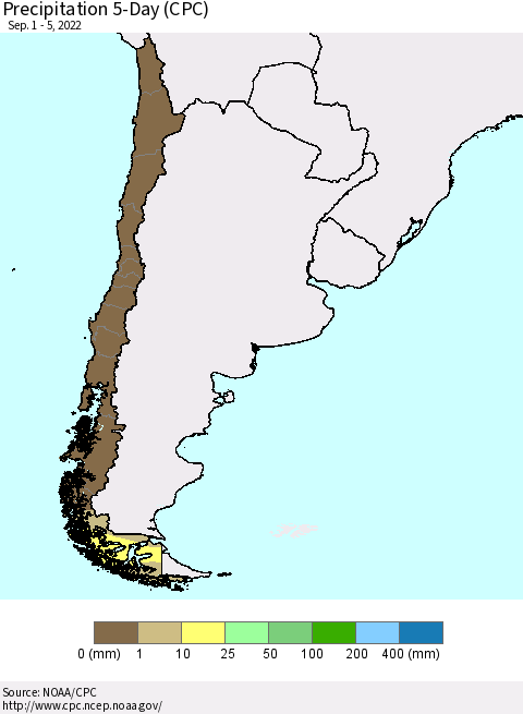 Chile Precipitation 5-Day (CPC) Thematic Map For 9/1/2022 - 9/5/2022
