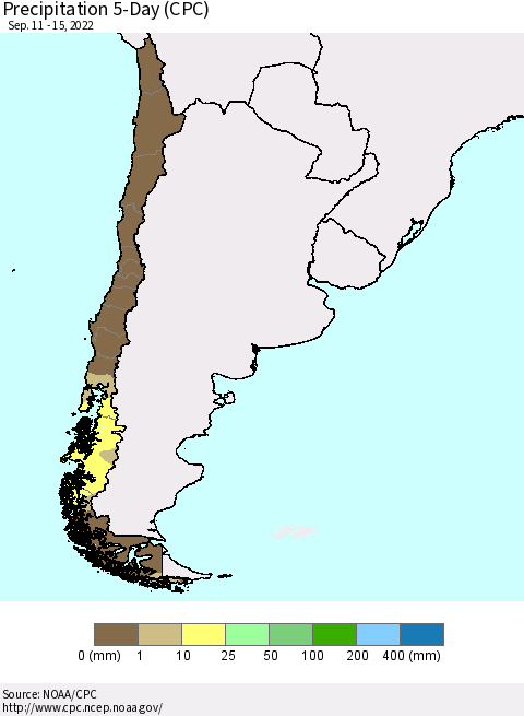 Chile Precipitation 5-Day (CPC) Thematic Map For 9/11/2022 - 9/15/2022