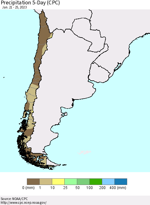 Chile Precipitation 5-Day (CPC) Thematic Map For 1/21/2023 - 1/25/2023