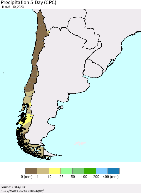 Chile Precipitation 5-Day (CPC) Thematic Map For 3/6/2023 - 3/10/2023