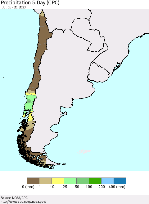Chile Precipitation 5-Day (CPC) Thematic Map For 7/16/2023 - 7/20/2023