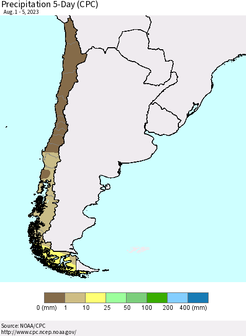 Chile Precipitation 5-Day (CPC) Thematic Map For 8/1/2023 - 8/5/2023