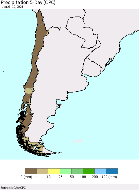 Chile Precipitation 5-Day (CPC) Thematic Map For 1/6/2024 - 1/10/2024