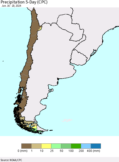 Chile Precipitation 5-Day (CPC) Thematic Map For 1/16/2024 - 1/20/2024