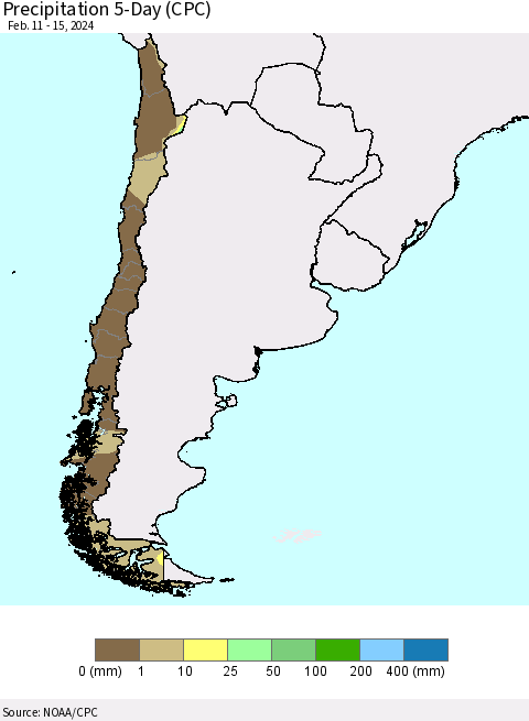 Chile Precipitation 5-Day (CPC) Thematic Map For 2/11/2024 - 2/15/2024