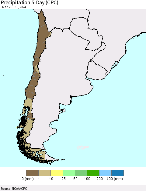 Chile Precipitation 5-Day (CPC) Thematic Map For 3/26/2024 - 3/31/2024