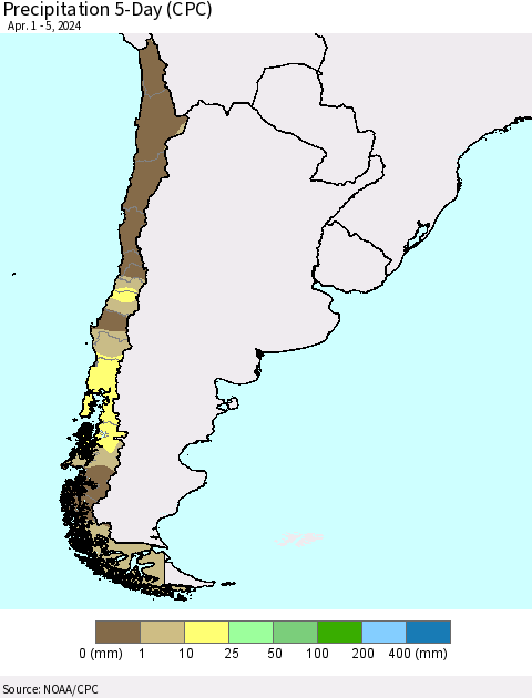 Chile Precipitation 5-Day (CPC) Thematic Map For 4/1/2024 - 4/5/2024