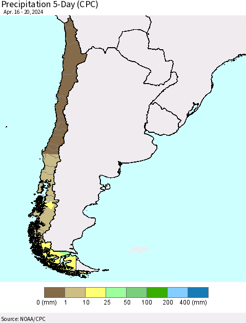 Chile Precipitation 5-Day (CPC) Thematic Map For 4/16/2024 - 4/20/2024