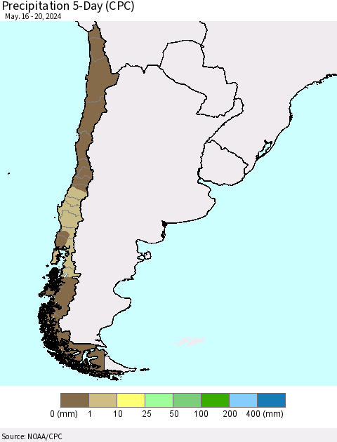 Chile Precipitation 5-Day (CPC) Thematic Map For 5/16/2024 - 5/20/2024