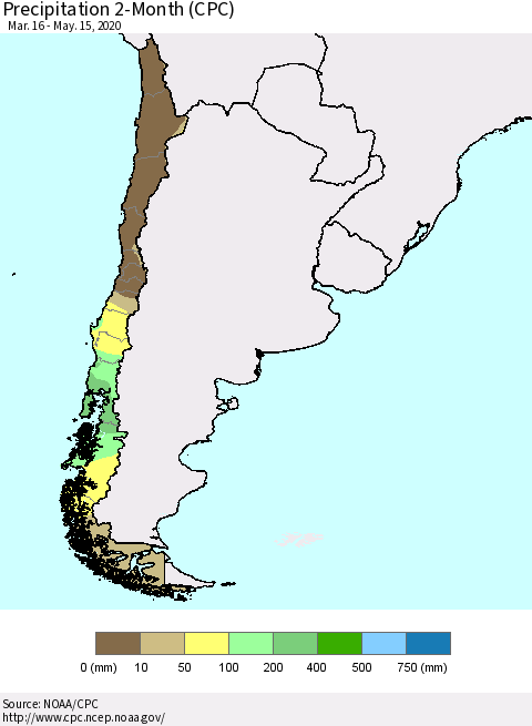 Chile Precipitation 2-Month (CPC) Thematic Map For 3/16/2020 - 5/15/2020