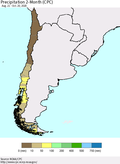 Chile Precipitation 2-Month (CPC) Thematic Map For 8/21/2020 - 10/20/2020