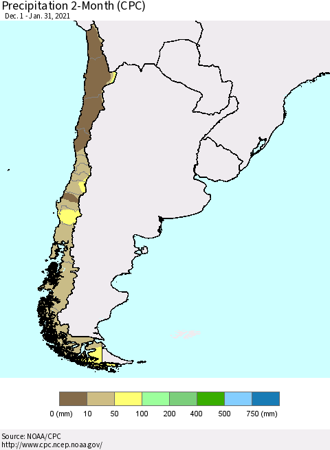 Chile Precipitation 2-Month (CPC) Thematic Map For 12/1/2020 - 1/31/2021
