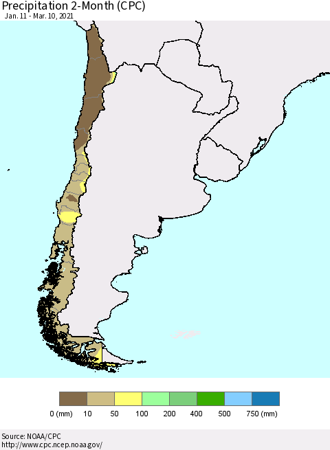 Chile Precipitation 2-Month (CPC) Thematic Map For 1/11/2021 - 3/10/2021