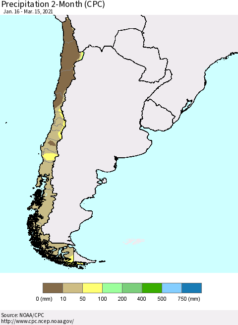 Chile Precipitation 2-Month (CPC) Thematic Map For 1/16/2021 - 3/15/2021