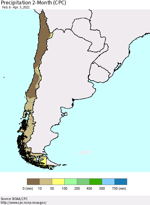 Chile Precipitation 2-Month (CPC) Thematic Map For 2/6/2021 - 4/5/2021