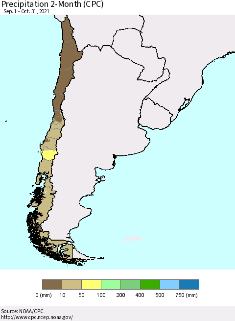 Chile Precipitation 2-Month (CPC) Thematic Map For 9/1/2021 - 10/31/2021