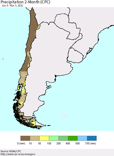 Chile Precipitation 2-Month (CPC) Thematic Map For 1/6/2022 - 3/5/2022