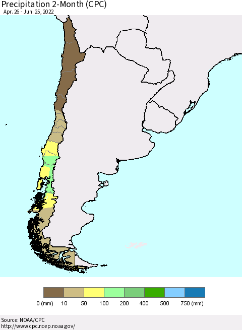 Chile Precipitation 2-Month (CPC) Thematic Map For 4/26/2022 - 6/25/2022