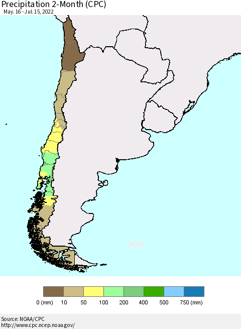 Chile Precipitation 2-Month (CPC) Thematic Map For 5/16/2022 - 7/15/2022