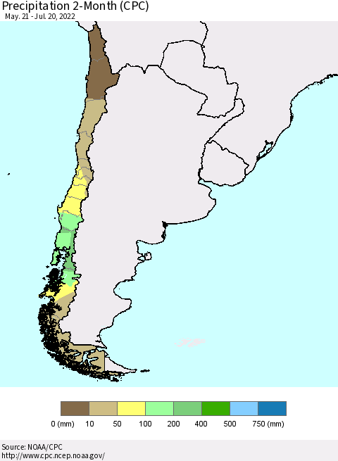 Chile Precipitation 2-Month (CPC) Thematic Map For 5/21/2022 - 7/20/2022