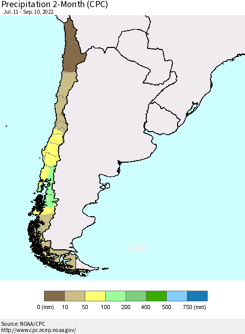 Chile Precipitation 2-Month (CPC) Thematic Map For 7/11/2022 - 9/10/2022